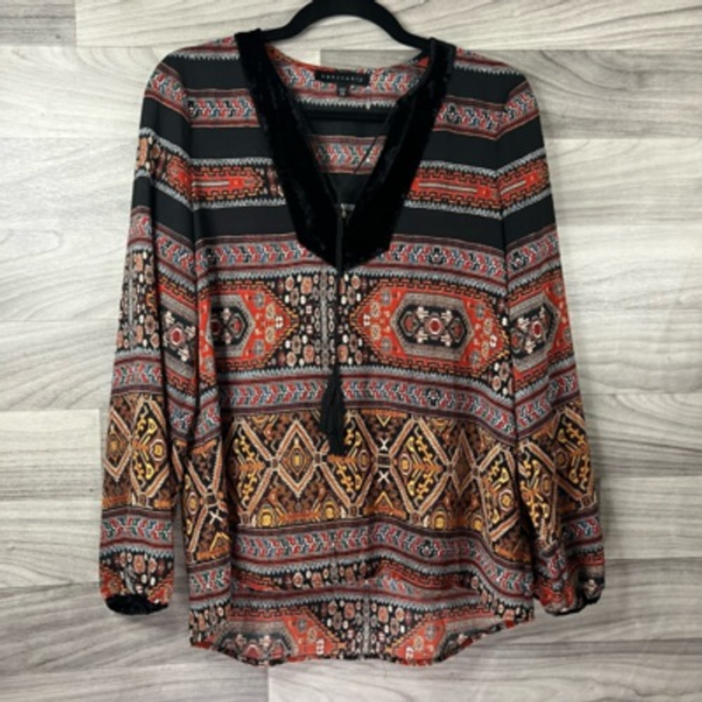 Sanctuary Womens Peasant Blouse‎ Multicolor Geometric Long Sleeve High Low XS